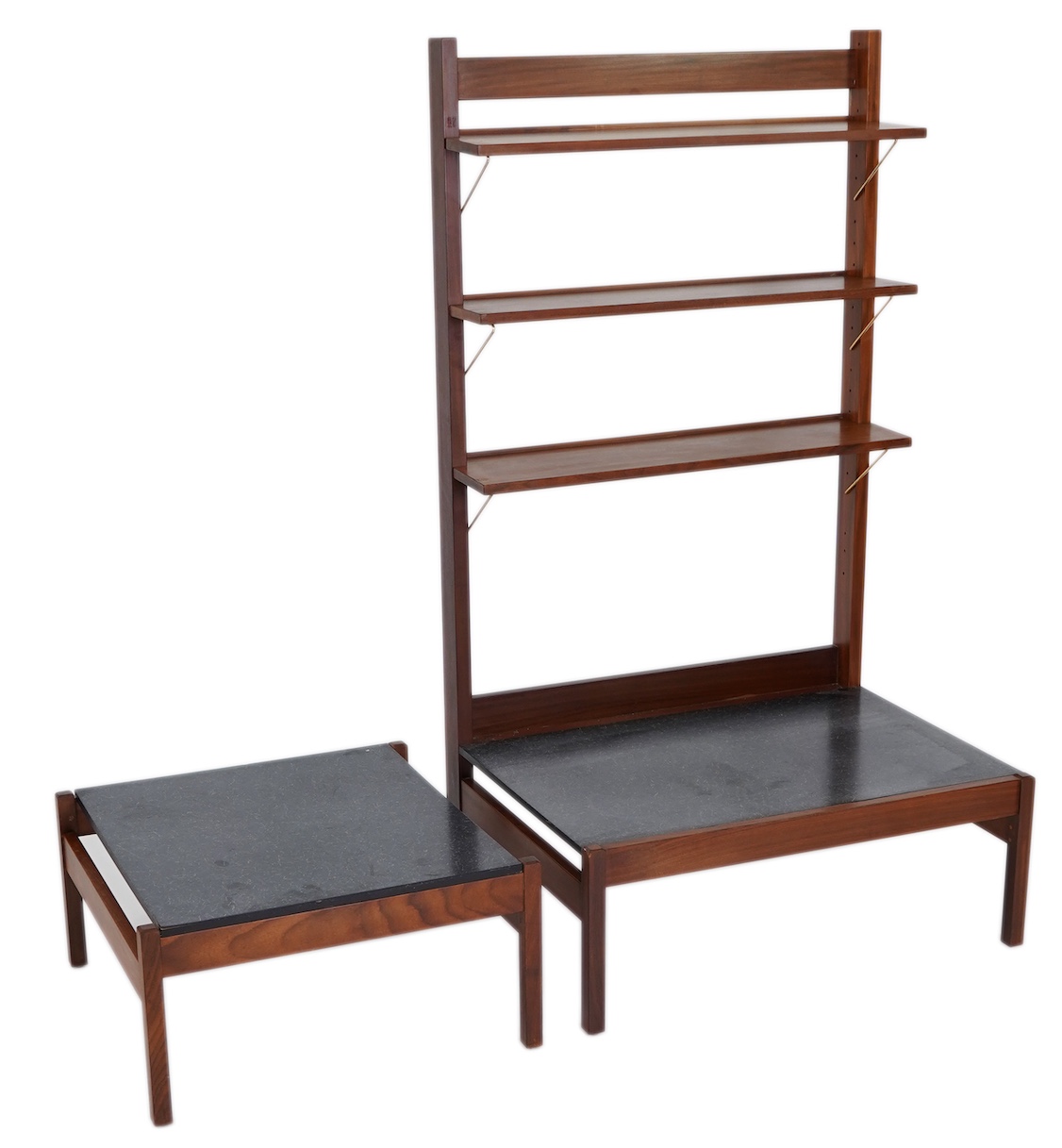 George Fejér (Hungarian, 1912-1996) for Guy Rogers of Liverpool: A 'Beverly Hills' mid-century hall stand shelving unit and matching occasional table